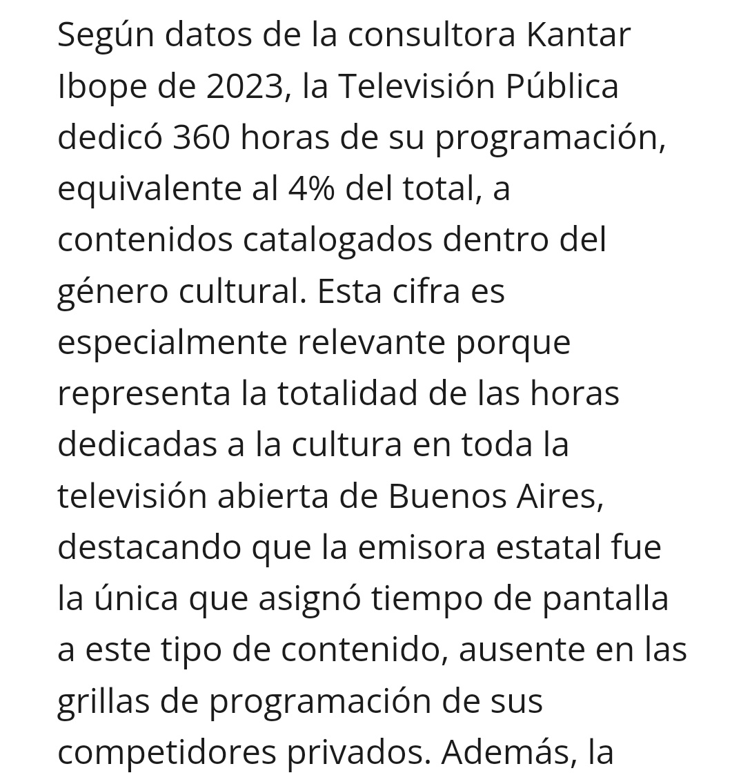 Estos datos son de <a href="/skielrivero/">Ezequiel Rivero</a> y básicamente dicen que la única programación cultural de la televisión abierta con base en Buenos Aires es la de la TV Pública. Es en este contexto en el que el gobierno decide levantar uno de sus programas culturales insignia.