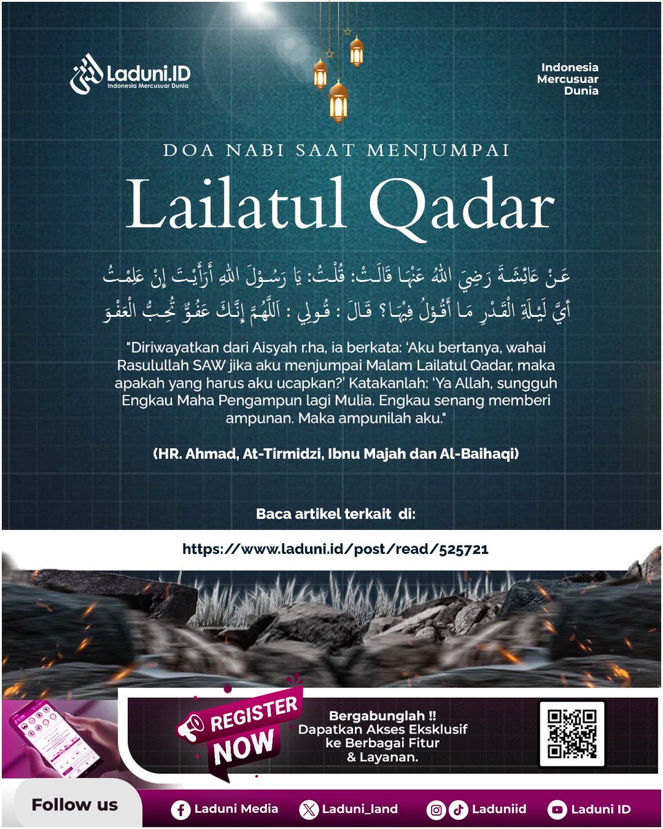 Salam Sobat Ladunist,

Jangan lewatkan kesempatan istimewa meraih malam Lailatul Qadar dengan semangat dan doa yang tulus yang pernah diajarkan Nabi Muhammad SAW.

Klik link untuk membaca selengkapnya! 👇
laduni.id/post/read/5257…

#LaduniID #lailatulqadar #doa #rasulullah