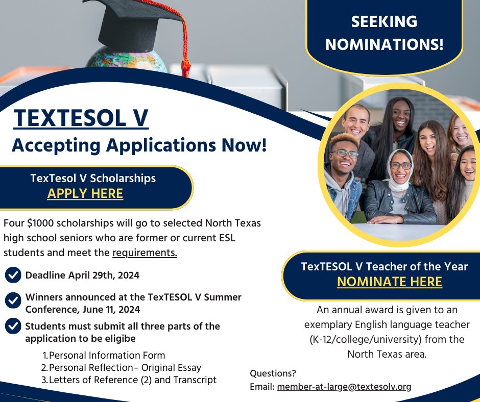 TexTESOL V Seeking Nominations for Teacher of the Year and Applications for Scholarships! textesolv.org/scholarships/ For Scholarships: docs.google.com/.../1FAIpQLSfc…... For TOY Nominations: docs.google.com/.../1FAIpQLSdV…