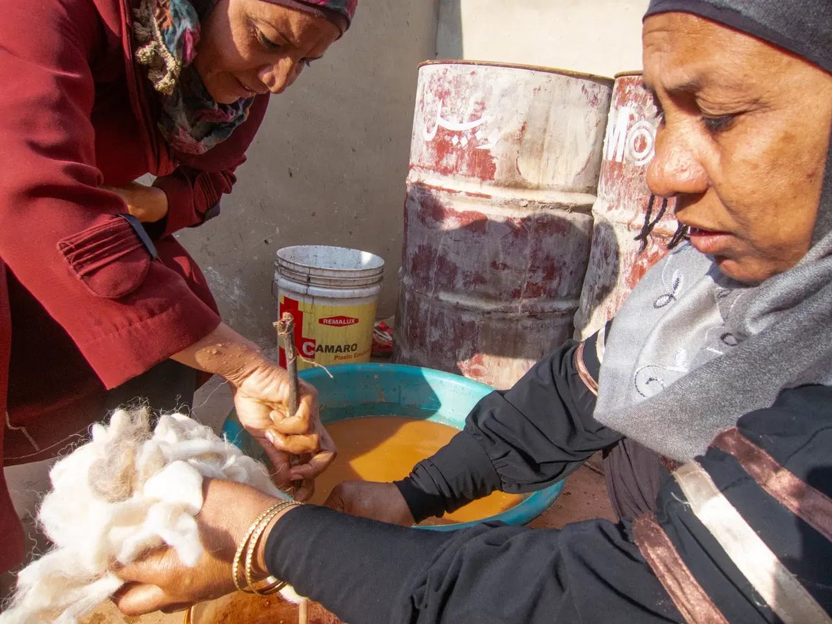 “We settled. We invented agriculture. We started piling rocks on top of each other. We smelted metal. And this era, called the Neolithic, is the one, essentially, that we're still inhabiting today.” @PaulSalopek theworld.org/stories/2024-0… Pictured: Ghawarna women dye wool using mud.