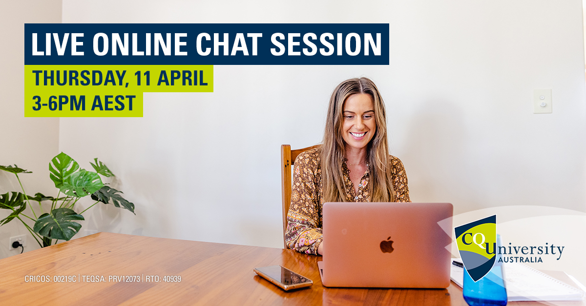 CQU's tweet image. Thinking of studying in 2024? Join our #OnlineChat next Thursday, 11 April from 3-6 pm and speak with a #CQU specialist. They'll take you through application options, courses, support services and anything else you need to know. Register today: ow.ly/1ElG50R7YQZ