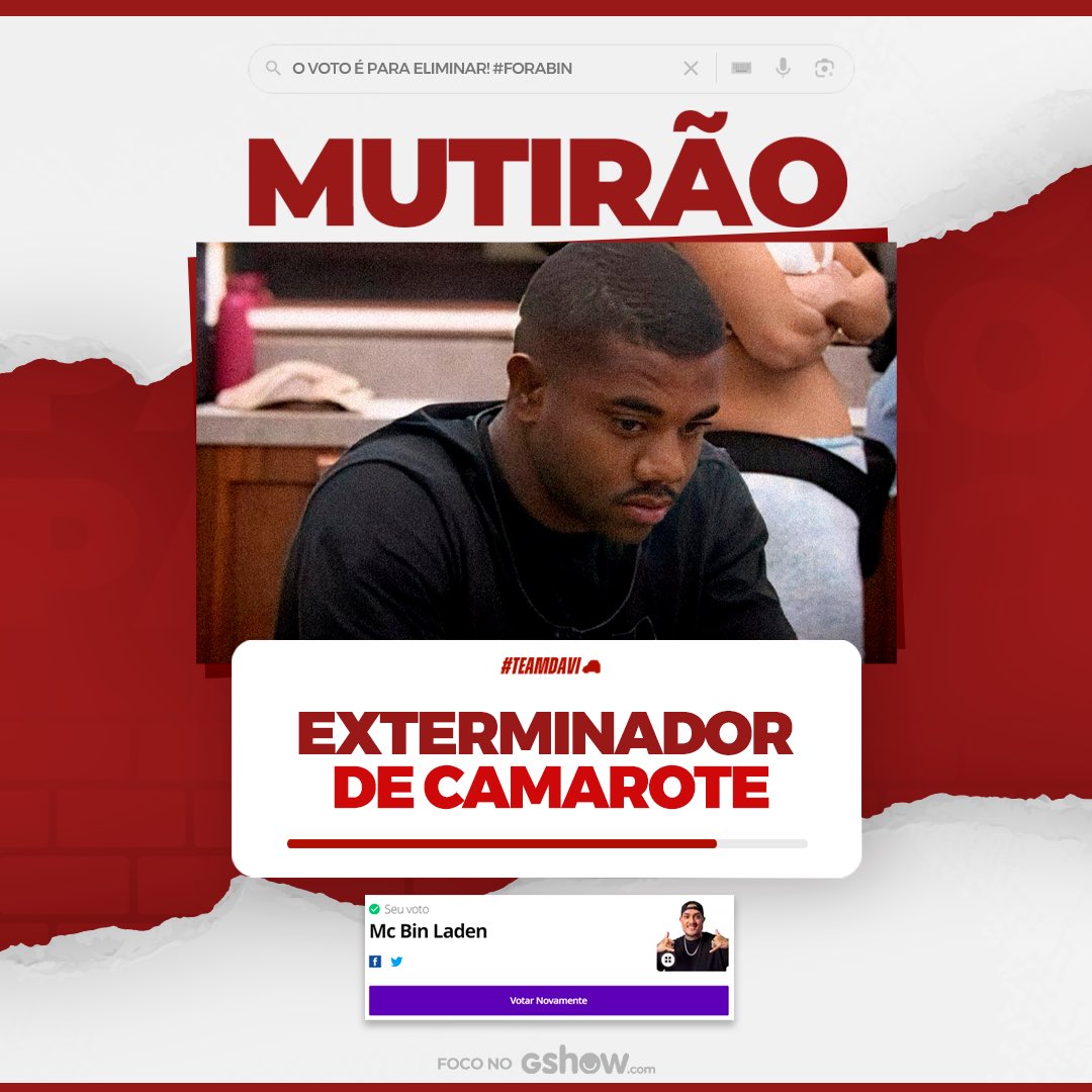 MUTIRÃO EXTERMINADOR DE CAMAROTE 📲 Deu o voto único, comente um EMOJI 📱📣 Está dando voto de torcida, a cada 20 votos comente UM EMOJI aleatório. 🎯 Meta: 3 MIL RESPOSTAS ⚠️ BATEU A META? DOBRE A META! 🚨 O voto é para SAIR, votem no BIN LADEN! ⏰ENCERRA: 00h 💻…