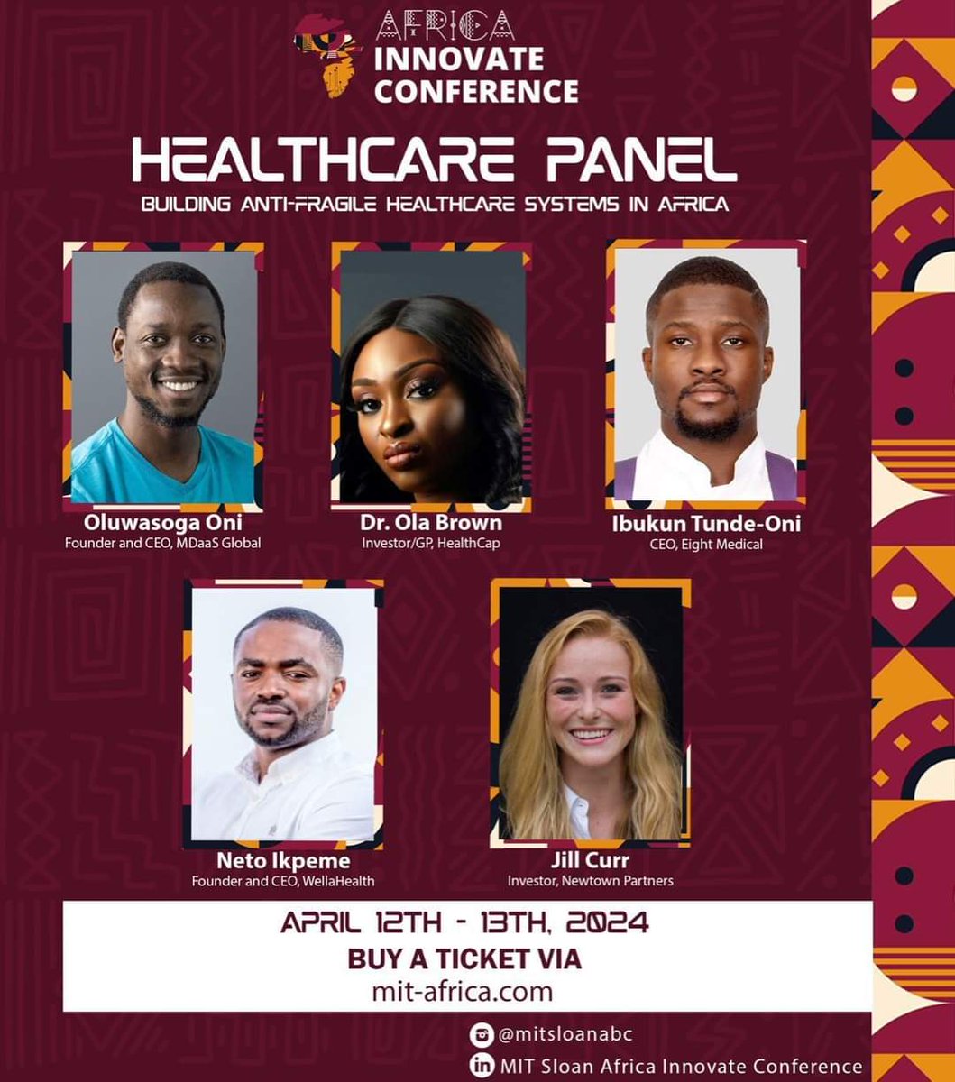 DiasporaCamp's tweet photo. MIT Africa Innovate Conference | #MITMediaLab| April12-13.
Healthcare panelists: Oni Oluwasoga (#MDaaSGlobal), Ola Brown (#HealthCapAfrica), Ibukun Tunde-Oni (#EightMedical, #TechStars), Ikpeme Neto (#Wellahealth), Jill Curr (#NewtownPartners)
#MITAIC2024 
https://t.co/ZGQzoYLPKw https://t.co/rCTPcBgFRs