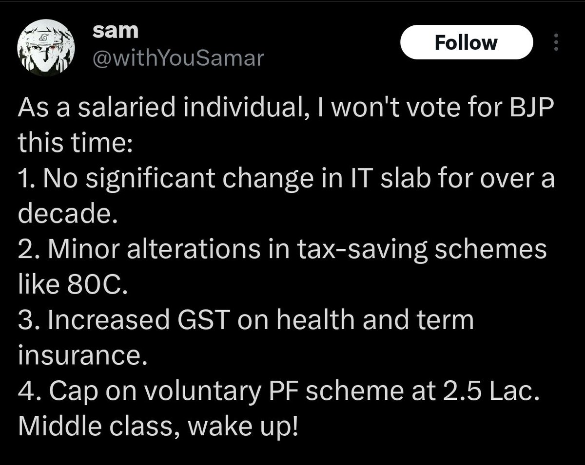 That's India's 'middle class' for you. the poison of religious hate, the migrants crisis, demonetization and its effect on the poor, oligarchy of big businesses at the cost of small scale enterprises, collapse of institutions... None of that matters. But no IT slab change! ++