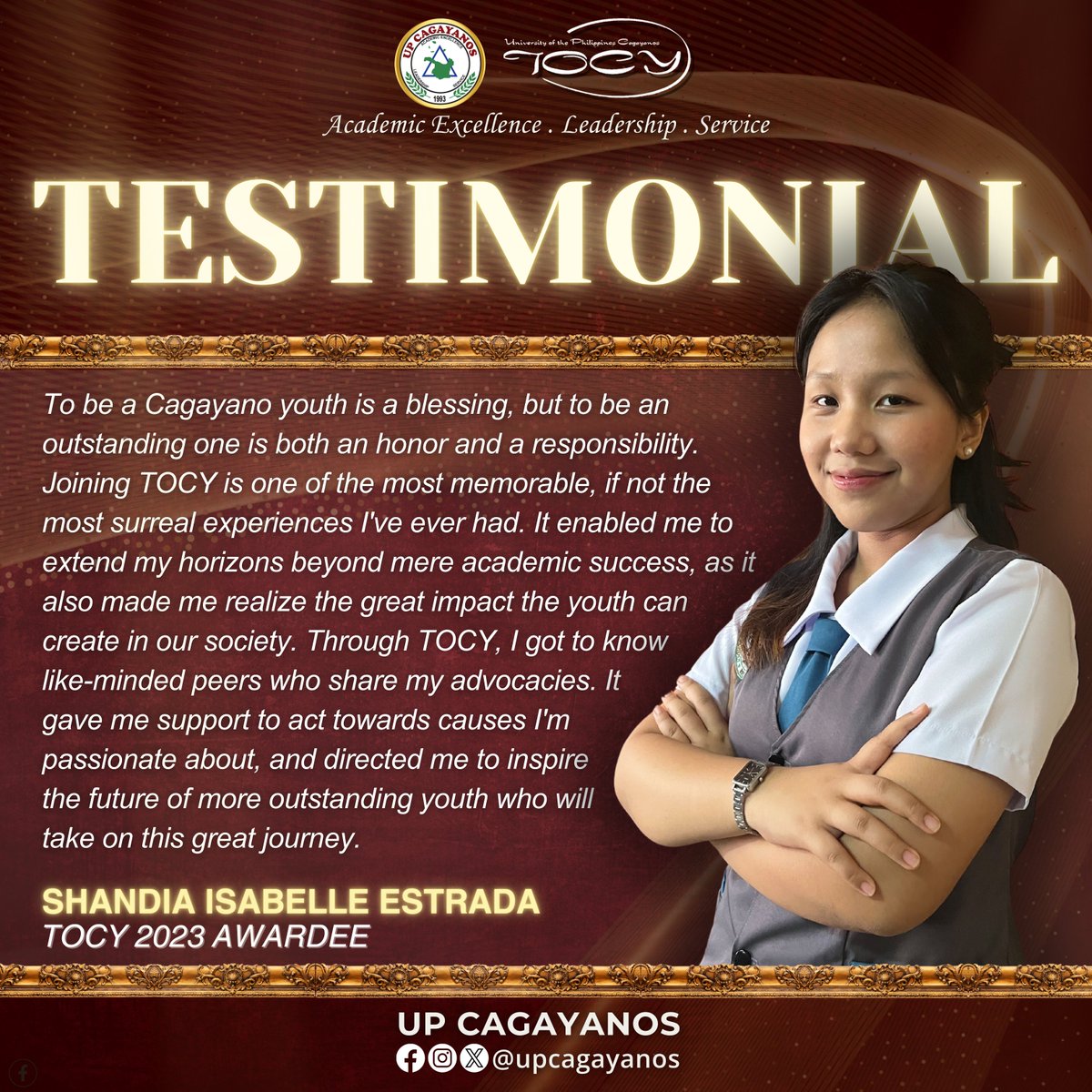 UPCagayanos's tweet photo. 𝟏 𝑫𝑨𝒀 𝑳𝑬𝑭𝑻!
Ms. Shandia Isabelle Estrada is an 11th-grade student at Tuguegarao City Science High School. She was one of the TOCY recipients from the previous year and hails from Tuguegarao City, Cagayan.
#12thTOCY
#Service
#Leadership
#AcademicExcellence
#UPCagayanos https://t.co/R6ZHUBu2xC