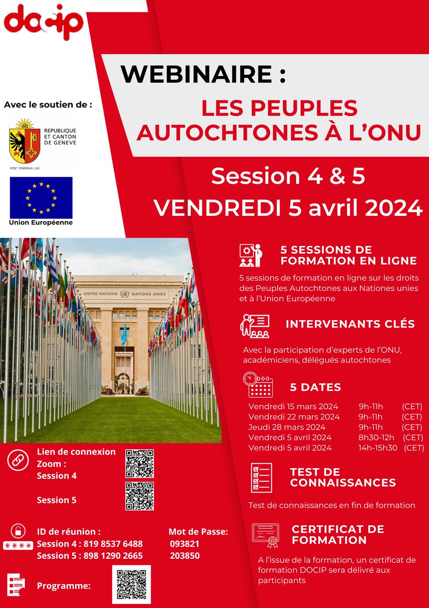 Profitez du dernier jour de la formation du Docip sur « Les Peuples Autochtones à l'ONU » - demain 5 avril ! ✅ 08h30 CEDAW, OIT, Commission européenne - bit.ly/4aDzQL3 ✅ 14h00 - 15h30 Droit de la santé et Peuples Autochtones - bit.ly/43P2iaH