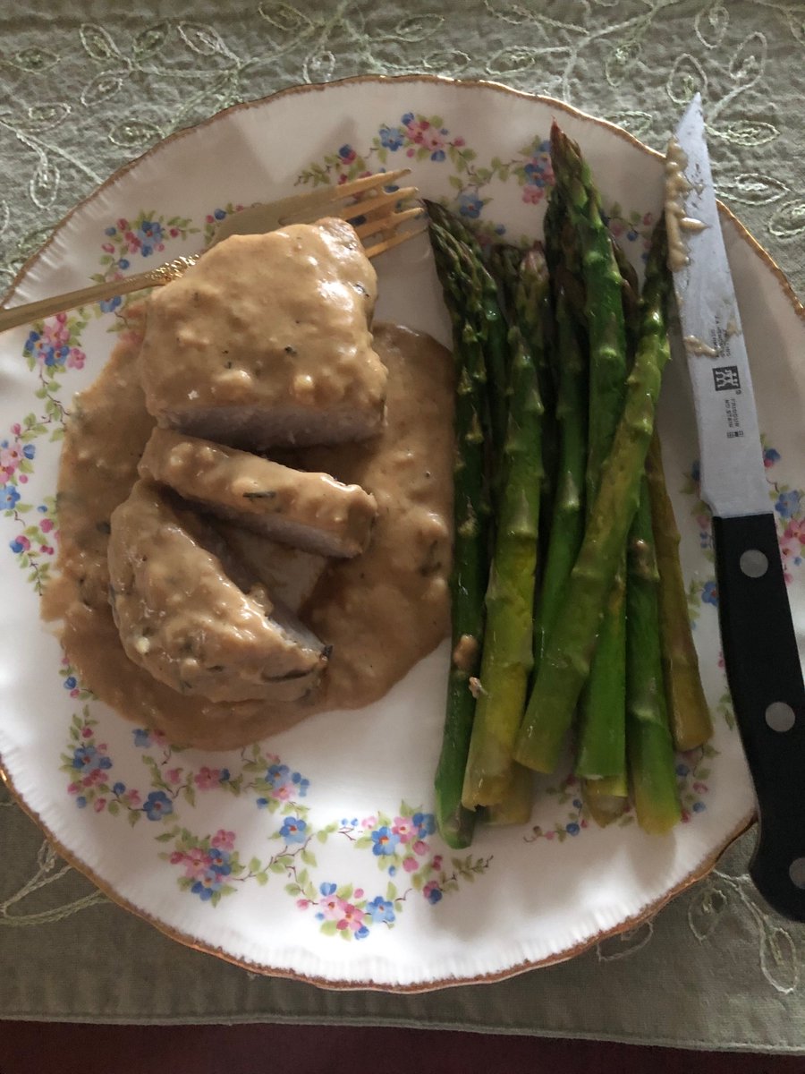 Oh, my gosh! 1 1/2 inch thick pork loin, marinated for 3-days in white wine, garlic and rosemary, perfectly seared outside, tender, juicy inside, served with a homemade creamy garlic, white wine sauce. Cooking just like Great Grandma taught me. #FrenchCuisine