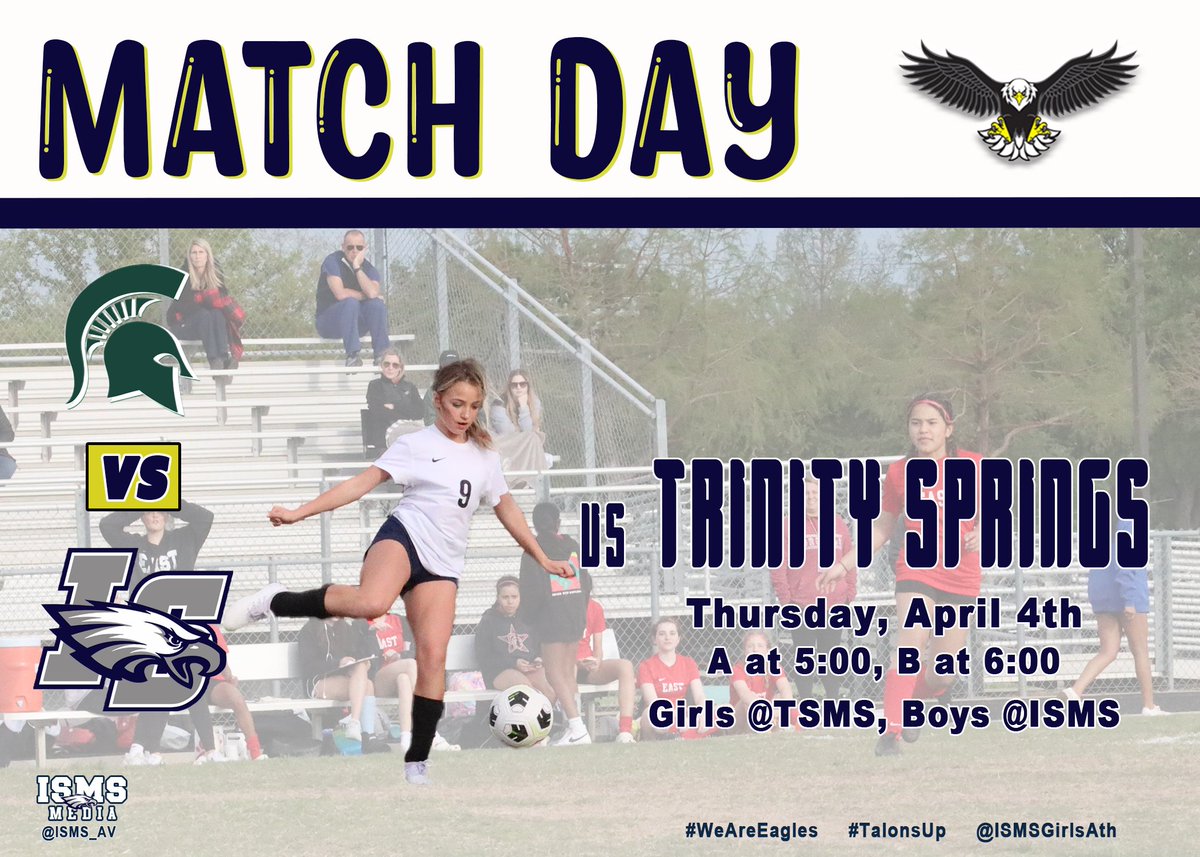 ISMS_AV's tweet photo. It's Match Day! Good luck Eagles as you take the pitch this afternoon against Trinity Springs! #WeAreEagles #TalonsUp @ISMSGirlsAth @IndianSpringsMS https://t.co/XpzzgL23v0