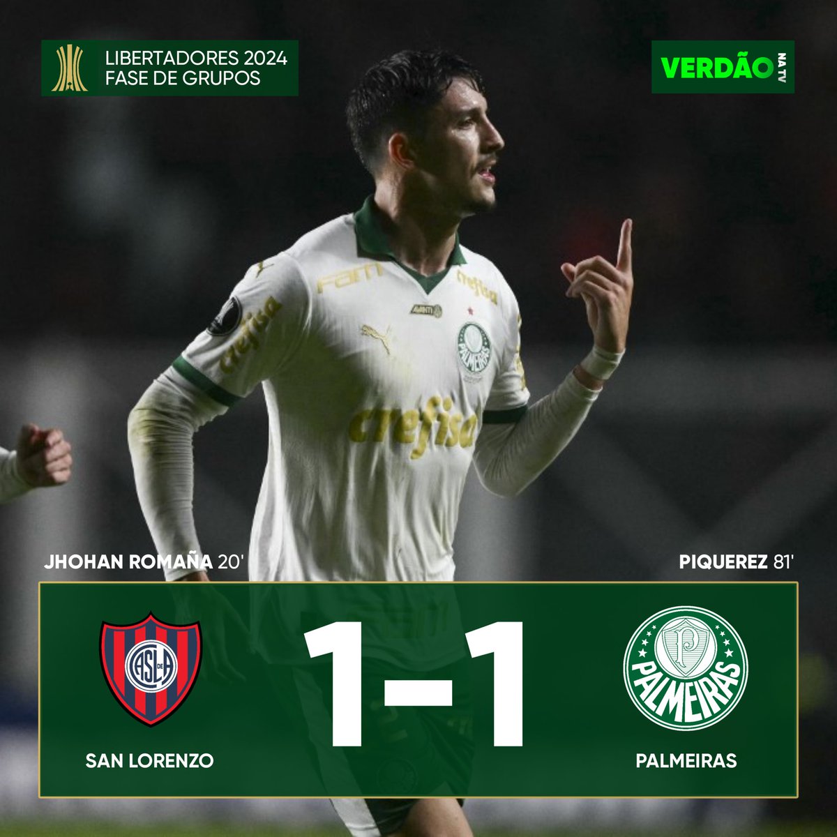 verdaoinsider's tweet photo. Fim de Jogo!

O Palmeiras empata com o San Lorenzo na estreia da Libertadores fora de casa. Agora é foco na final do Paulistão!

⏩ Libertadores
🏆 San Lorenzo 1 × 1 Palmeiras
⚽ Piquerez

#AvantiPalestra #Libertadores2024 #SLOxPAL https://t.co/LPiZAIINgN