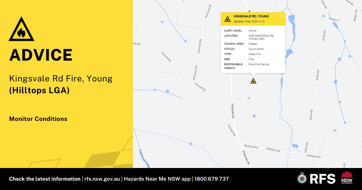 Crews are working to control the Kingsvale Rd Fire, burning near Kingsvale Rd, Young (Hilltops LGA). The fire is burning in a southerly direction towards Thornell Rd. Crews are in position for property protection at two nearby properties, should they be required. #RFS