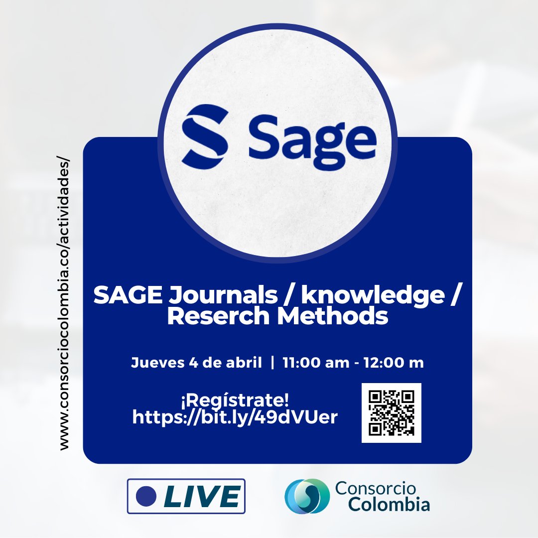 Hoy tenemos capacitación con @Sage_Publishing Journals / knowledge / Reserch Methods Nos vemos a partir de las 11:00 am Registro en: bit.ly/49dVUer