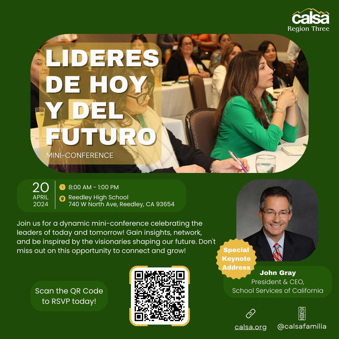 Gather 'round, Region Three familia! 🌟 Exciting news ahead: mark your calendars for the Lideres de Hoy y del Futuro/Leaders of Today and the Future Mini-Conference happening April 20th! 🎉 calsa.org/upcoming-event… #CALSAFamilia #SaveTheDate