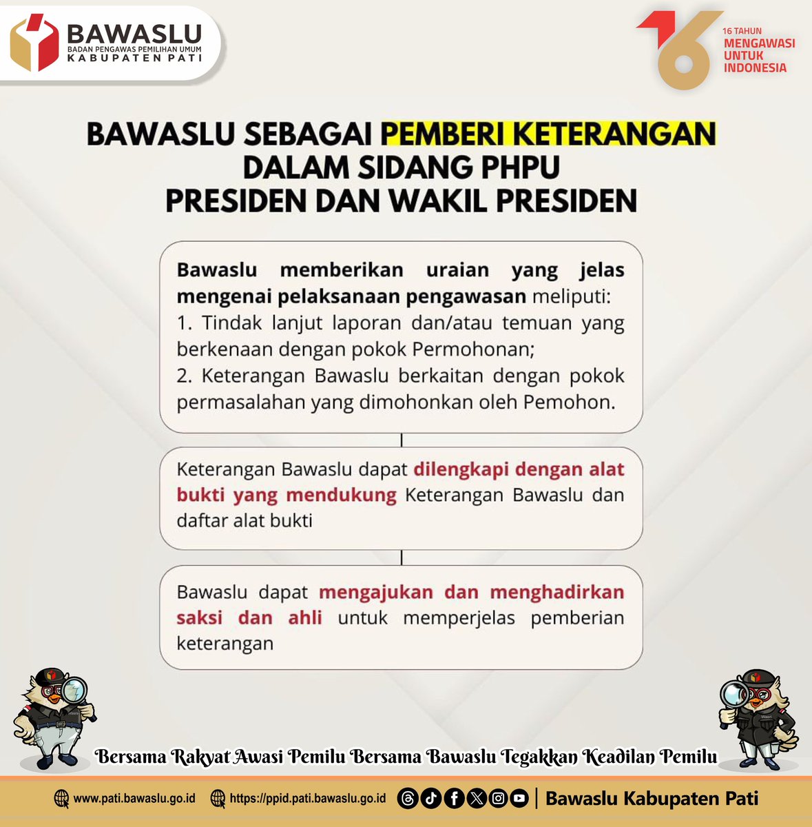 #sahabatbawaslu Berikut peran Bawaslu dalam Sidang PHPU Presiden dan Wakil Presiden di Mahkamah Konstitusi.

Geser kiri untuk informasi selengkapnya!

-
#bawasluri
#bawaslujateng
#bawaslu_pati
#panwascam
#bawaslumengawasi 
#ayoawasibersama
#cegahawasitindak
#pemilihanserentak2024