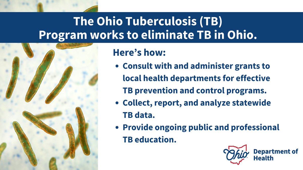 Testing and treating latent #TB infection is the most effective way to prevent tuberculosis. Our team works hard to prevent TB in Ohio. Find out more about our efforts👉🏽  bit.ly/4cF9ev8  #NationalPublicHealthWeek #StayHealthyOhio