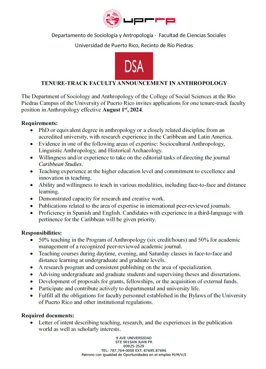 giovannettipr's tweet image. Dept. of Sociology &amp;amp; Anthropology is looking to recruit someone with Caribbean expertise, to collaborate with @caribbeanstudi2, @IECICSUPR. Of interest to @SocCaribbean @CaribbeanCentre @AmecCaribe @CSUofToronto @AmericanAnthro @histanthro @JournalLatin. uprrp.edu/empleos/