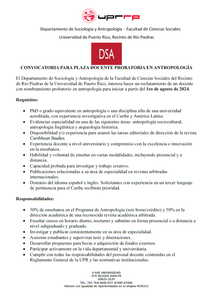 giovannettipr's tweet image. Dept. of Sociology &amp;amp; Anthropology is looking to recruit someone with Caribbean expertise, to collaborate with @caribbeanstudi2, @IECICSUPR. Of interest to @SocCaribbean @CaribbeanCentre @AmecCaribe @CSUofToronto @AmericanAnthro @histanthro @JournalLatin. uprrp.edu/empleos/