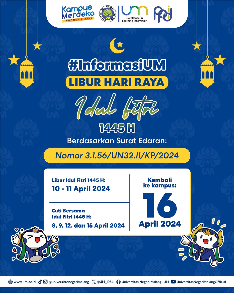 UM_1954's tweet photo. #InformasiUM

Berdasarkan Surat Edaran Nomor 3.1.56/UN32.II/KP/2024, libur hari raya Idul Fitri 1445 H dilaksanakan pada tanggal 10-11 April 2024, diikuti dengan cuti bersama, pada tanggal 8, 9, 12 dan 15 April 2024. 

Aktivitas kampus kembali efektif pada tanggal 16 April 2024. https://t.co/GVPI7aYFsH