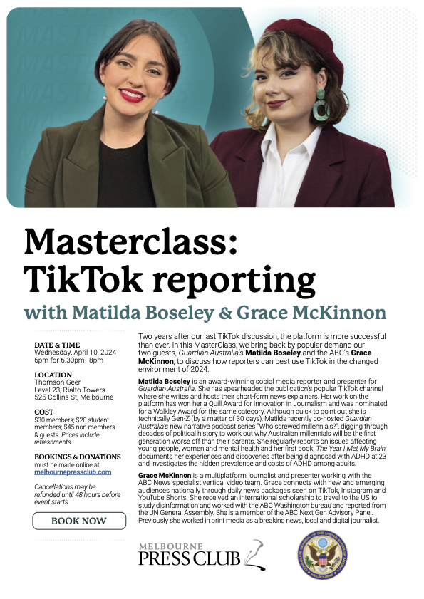 TikTok AND news? AT THE SAME TIME!?! Well if you want to learn a bit about how the brilliant @GraceMcKinnonL and I do it (or are just keen for a fun, informative Wednesday night), come to the @MelbPressClub Masterclass on TikTok reporting! events.humanitix.com/masterclass-ti…