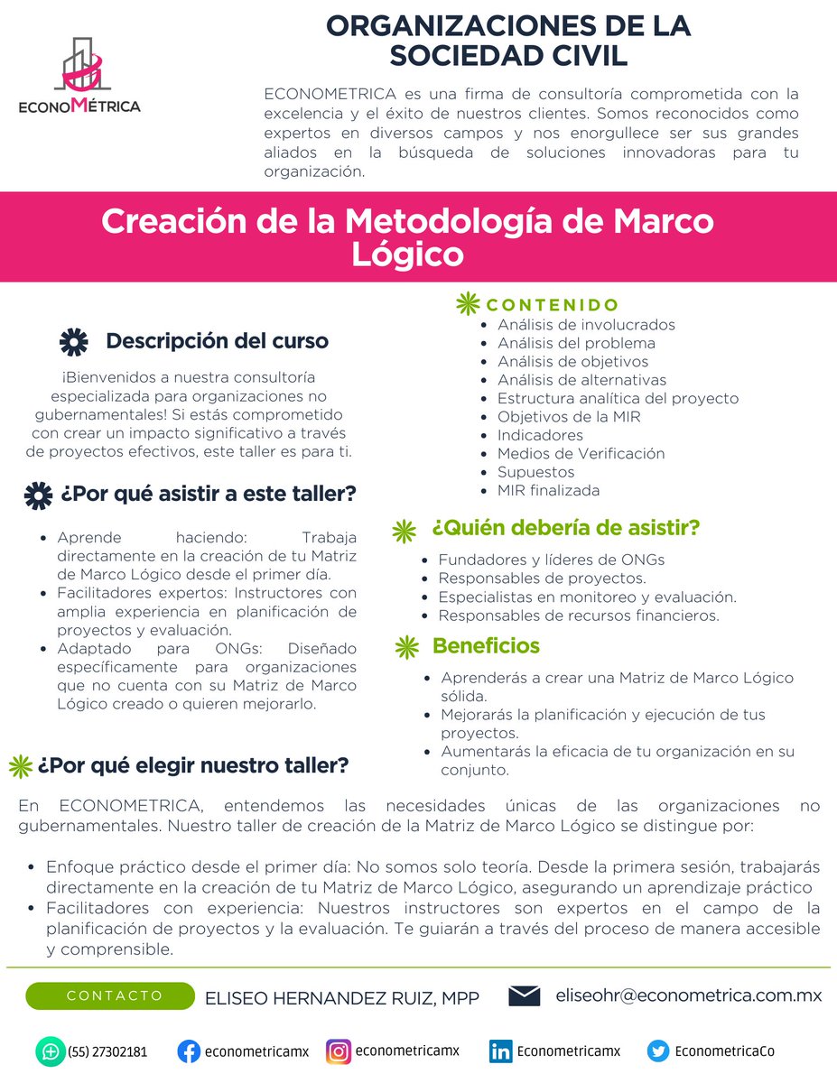 EconometricaCo's tweet photo. 🎓 ¡Potencia el impacto de tu ONG con nuestro curso de fortalecimiento en la Metodología de Marco Lógico! Aprende a diseñar proyectos efectivos y medir su impacto de manera sistemática. ¡Contáctanos para más información ! 💼✨ #CursoMMC #ECONOMETRICA #ONGs #SociedadCivil 📊📝 https://t.co/av7S66S7ET
