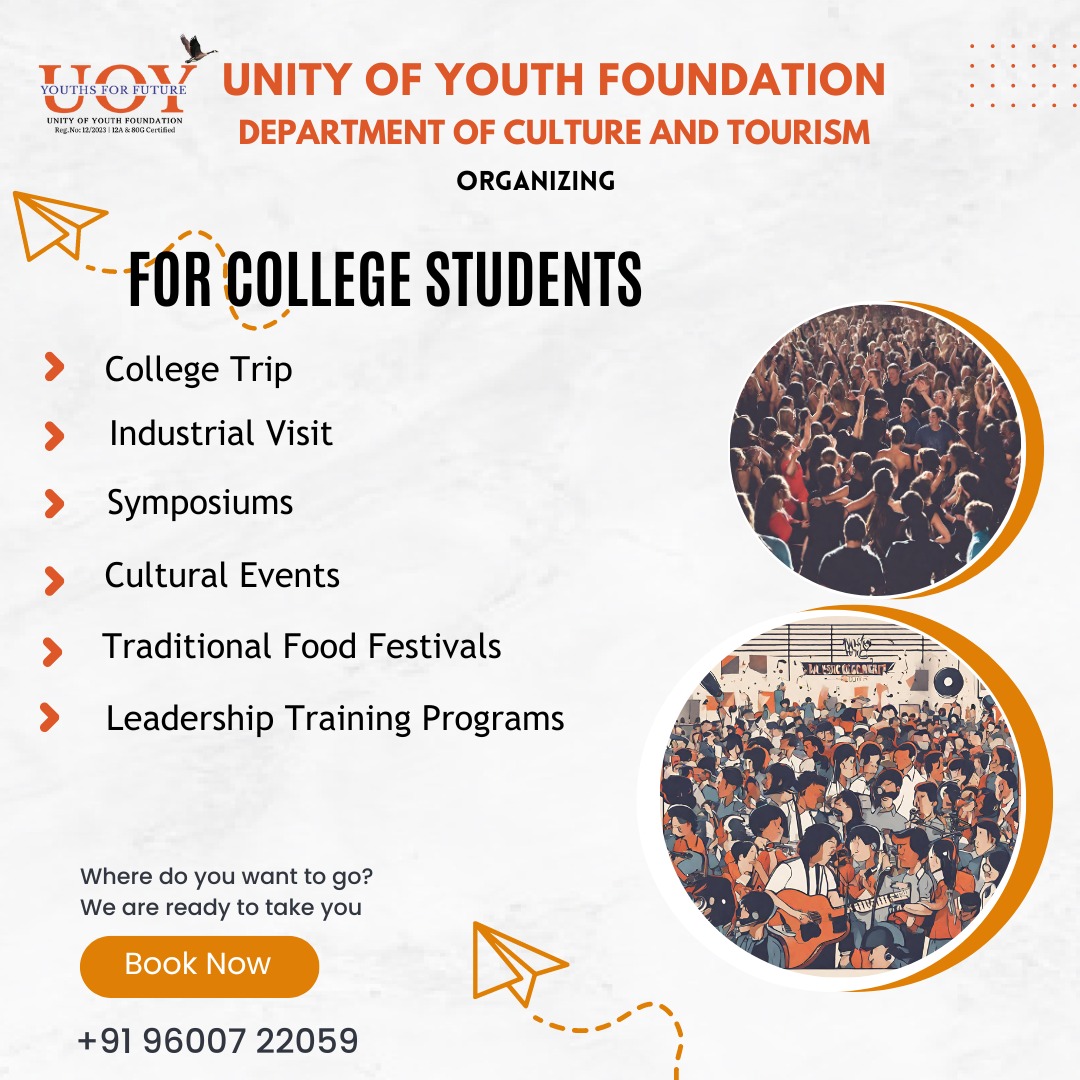 UnityofYouth's tweet photo. 🎓 🌟✨ Attention College Students! 🌟✨🎓

🚀 Join us for a journey of learning, exploration, and adventure!

🌍 Broaden your horizons, make lifelong memories, and unlock your potential!

For inquiries or sign-ups, 9600722059.
Mail id : uoyculturetourismdepartment@gmail.com https://t.co/QBbRNcY6b8