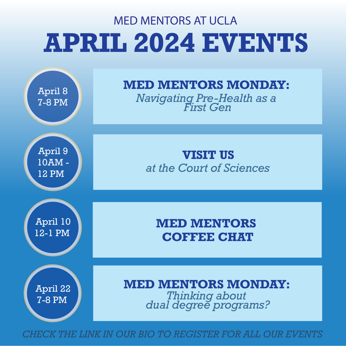 April is here! We have a lot of great events this month – mark your calendars! We hope to see you there! Med Mentor Mondays and Coffee Chat links can be found on our linktree.
#uclamedmentors #premed #amcas #medschoolapps