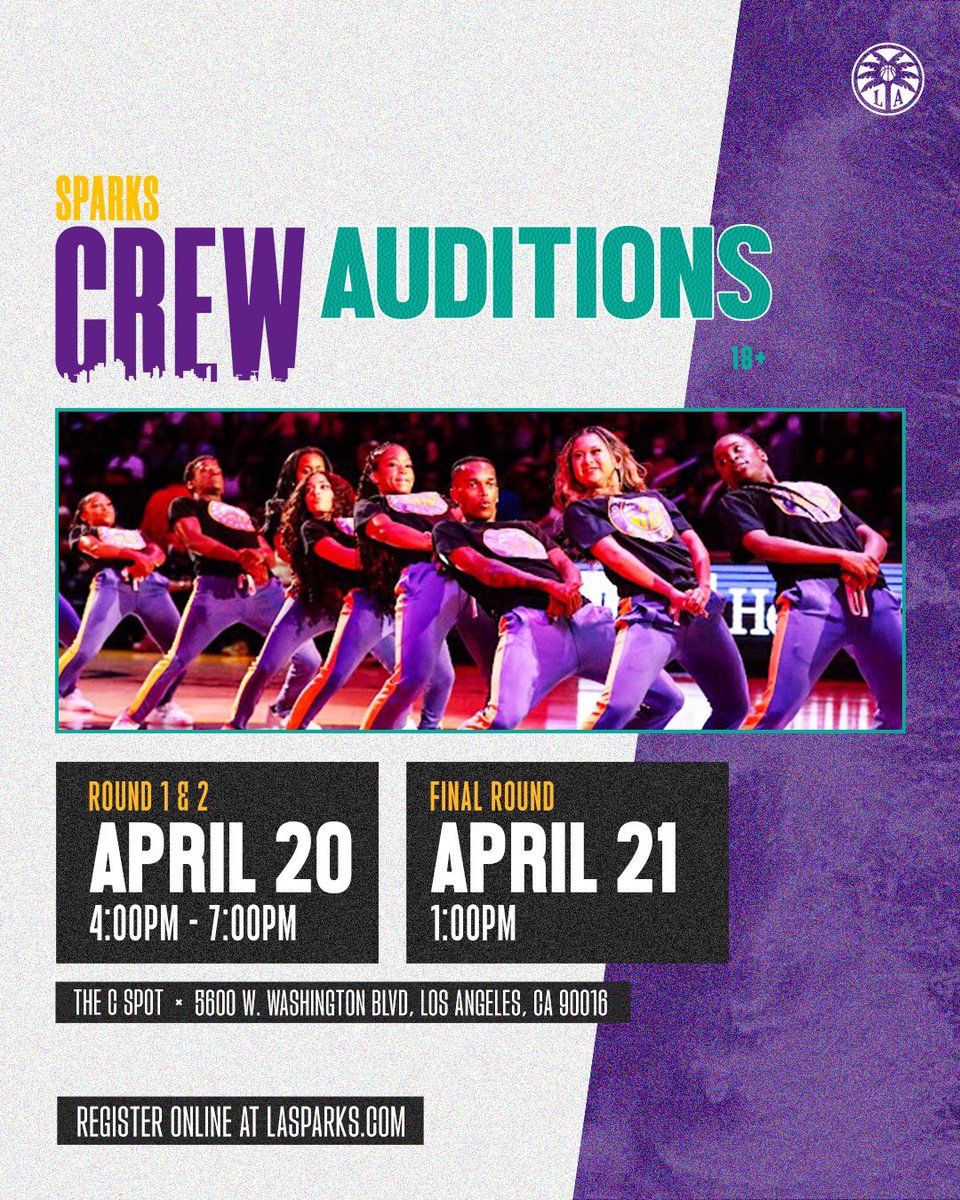 Think you got the moves? The Sparks Crew is looking for their next great breakers and hip-hop dancers. 📅 Saturday, April 20th ⏰ 4-7 PM 📍 The C Spot Register: sparks.wnba.com/2024sparkscrew/