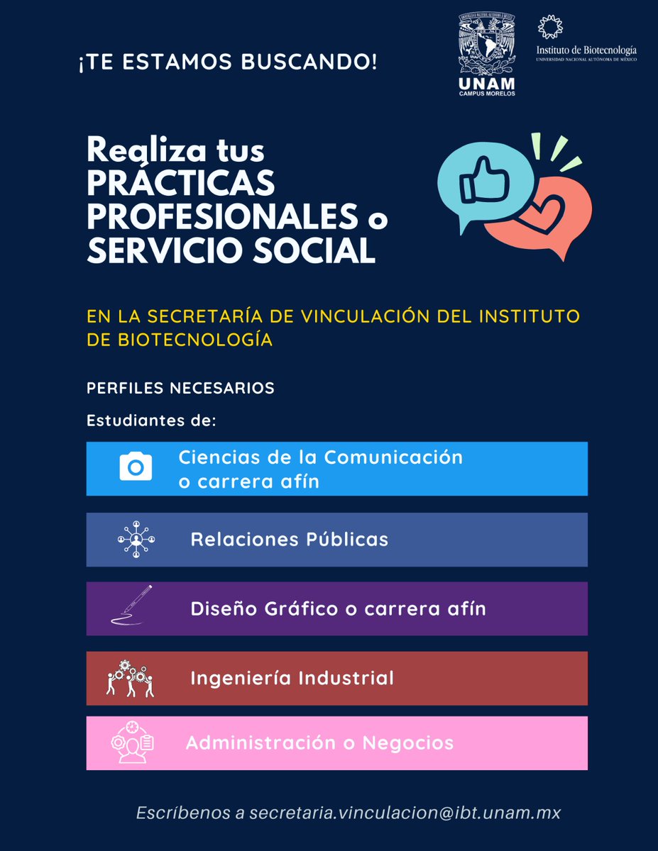 ibt_unam's tweet image. ¡Te estamos buscando! Sé parte del equipo creativo #OrgulloIBt
 
Realiza tus PRÁCTICAS PROFESIONALES o SERVICIO SOCIAL en la Secretaría de Vinculación del Instituto de Biotecnología