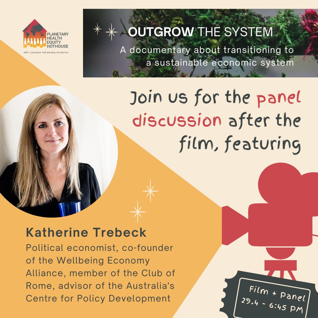 Don't miss out on tickets to our screening of Outgrow the System on 29th April. A great film 🎥 and we've curated a great panel for a post-film discussion, including #wellbeingeconomy rockstar @KTrebeck 👏 More info and tickets: hothouse.anu.edu.au/event/outgrow-…