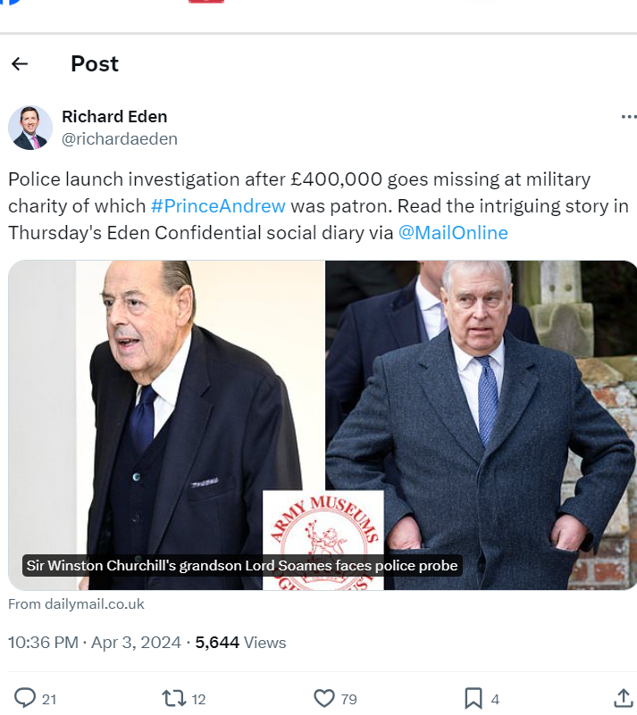 .@thetalentguru Sussex Squad Royal Family, Aristocracy & Elite have the worst sex & fraud scandals. Harry and Meghan are NOT the bad 1s! Police launch investigation after £400k goes missing @ military charity where #PrinceAndrew was patron & probe Churchill's grandson! #SCOOP