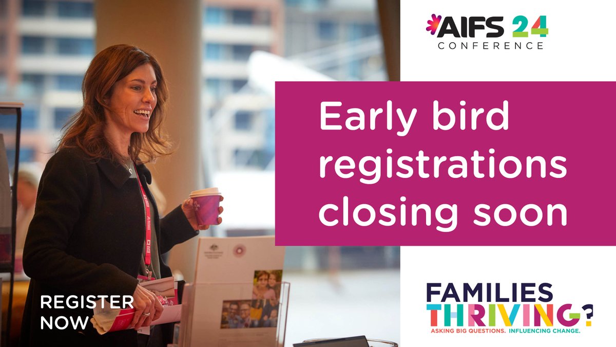 The early bird rate for #AIFS2024 (11 – 14 June) is closing soon! This event will showcase important research for the wellbeing of all kinds of families across Australia. Don’t miss out on the early bird rate – secure your ticket today: aifsconference.com.au 
#FamiliesThriving