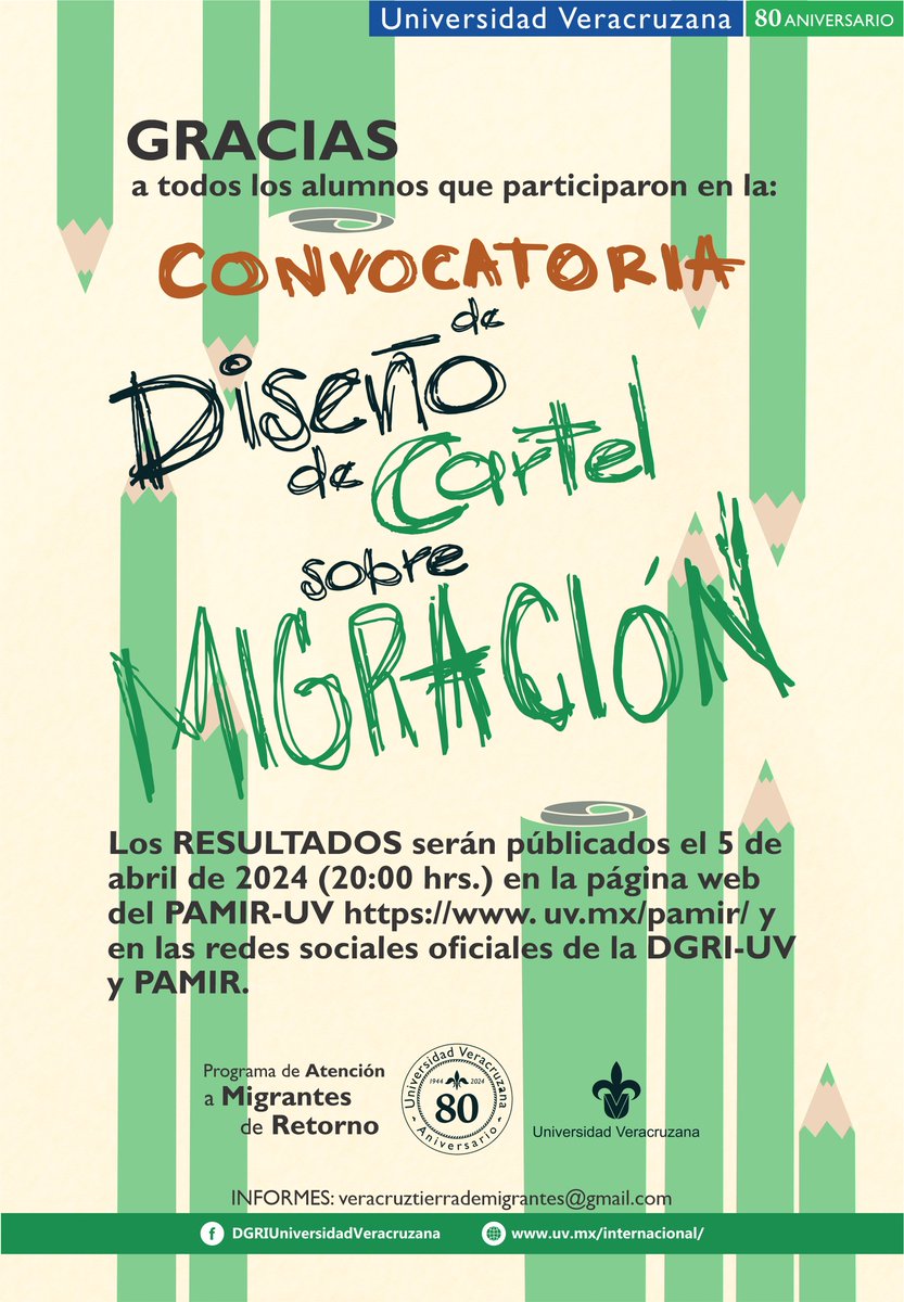 ¡¡Muchas gracias por todo su apoyo, fue todo un éxito la convocatoria!!
Quedamos gratamente sorprendidos porque hubo una gran participación de estudiantes de diferentes carreras y regiones de la UV.
Consultar resultados el 5 de abril a las 20:00 hrs. en uv.mx/pamir/