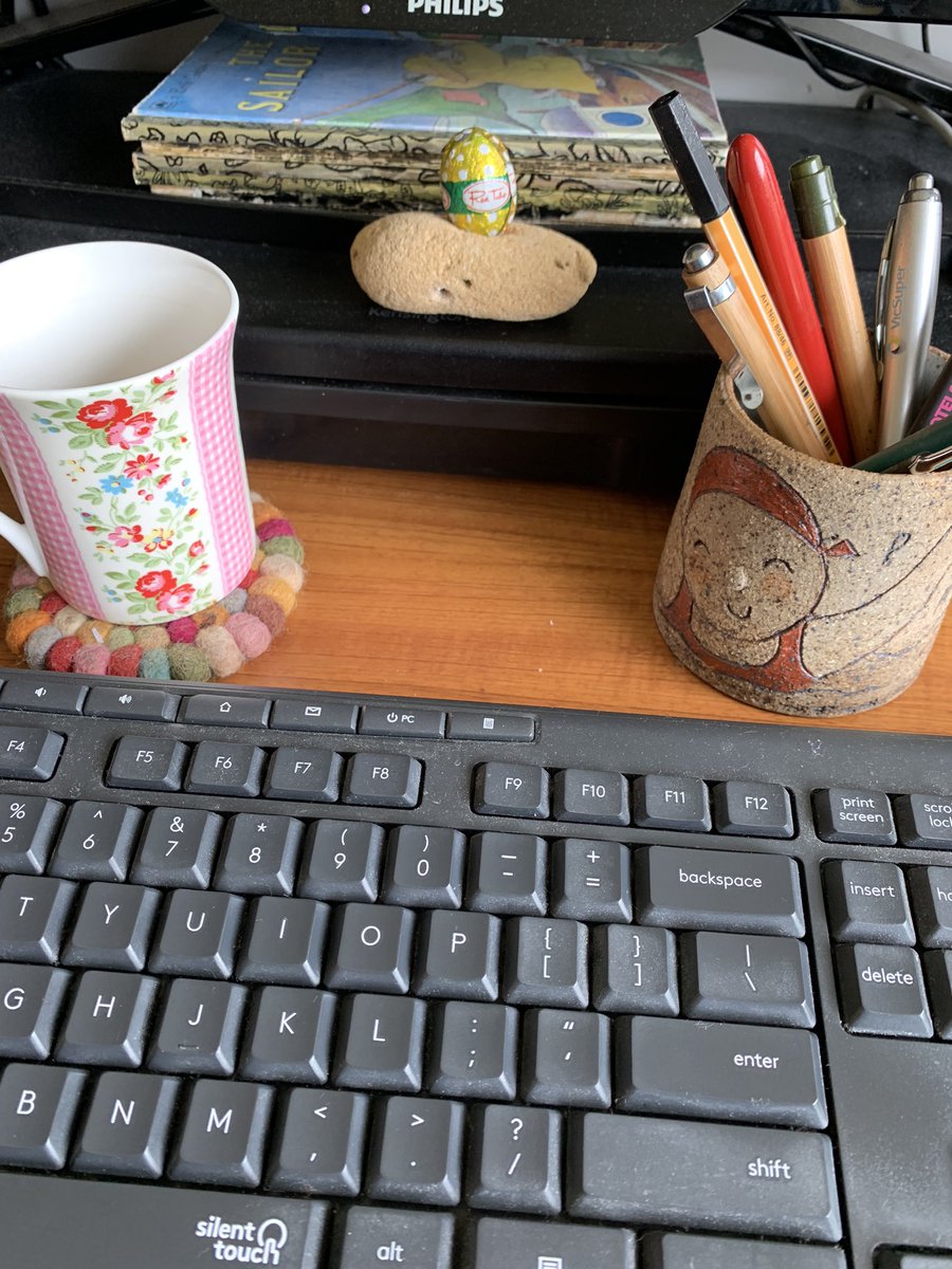 Big week at desk writing charity campaign copywriting and I’m under the watchful gaze of the last of the Easter eggs. (Ignore dusty keyboard - we live in the sand dunes and window left open, not an indication of no words typed!)