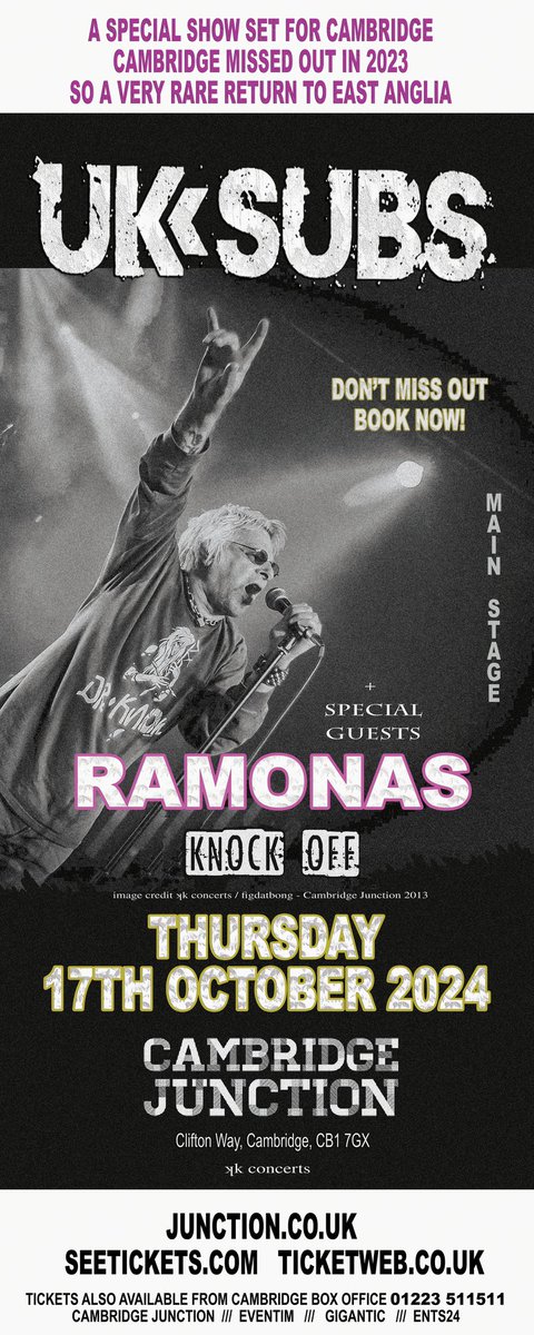 @UKSubs @Ramonas_uk #knockoff Thursday 17th October 2024 @CambJunction Tickets junction.co.uk/events/uk-subs…