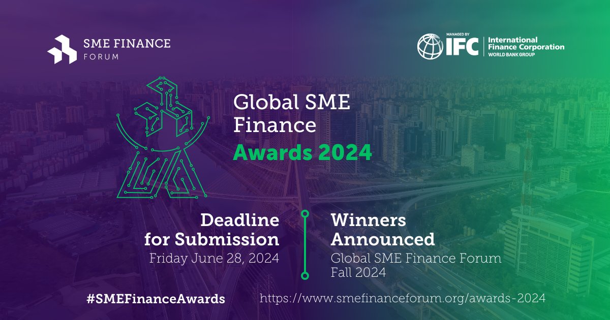 Don’t wait! Tell your success story serving SME customers. Apply to the Global SME Finance Awards 2024 🏆Nomination is open to all banks, financial institutions and fintech companies. Apply now! 📑 bit.ly/SMEFFAwards2024 Deadline: June 28, 2024 🗓️ #SMEFinance @IFC_org