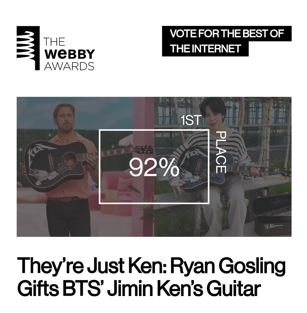 [28th WEBBY AWARDS 🏆] Vote for Jimin on the following categories:   🔸️ Media & Entertainment - They’re Just Ken: Ryan Gosling Gifts BTS’ Jimin Ken’s Guitar ( vote.webbyawards.com/PublicVoting#/… )   🔸️ Viral -  The Jimin Experience ( vote.webbyawards.com/PublicVoting#/… ) ⏳️ until April 18