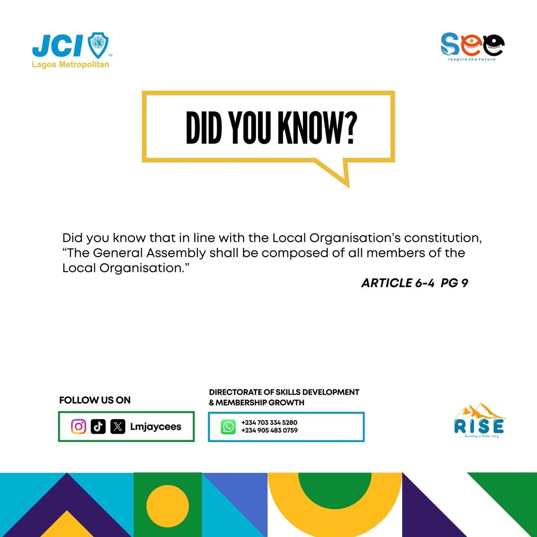 LMJaycees's tweet image. What constitutes a General Assembly ? 

This edition of our “Did You Know” series seeks to clarify the make up of a General Assembly at our local organization.   

#KnowledgePreservation #InspireTheFuture #RISE #SEE #JCINigeria