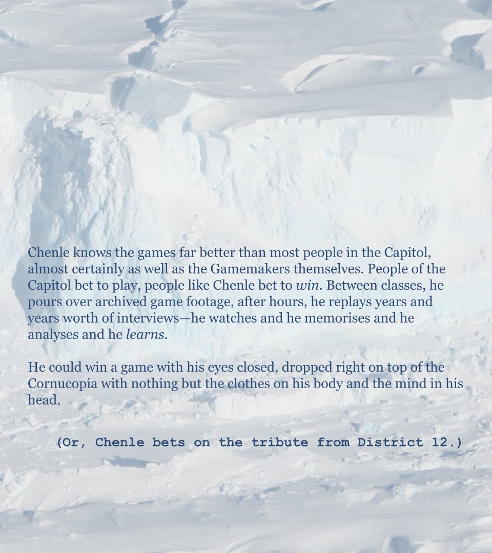 Eye for an Eye

⛏️ chaptered (2/2), 3.3k 
⛏️ chenji (chenle/jisung)
⛏️ hunger games au, capitol!cl and district 12!js, tribute/sponsor, ambiguous relationships, strangers to ???, wilderness survival, etc.
⛏️ t for descriptions of extreme survival conditions

⛏️ link in replies