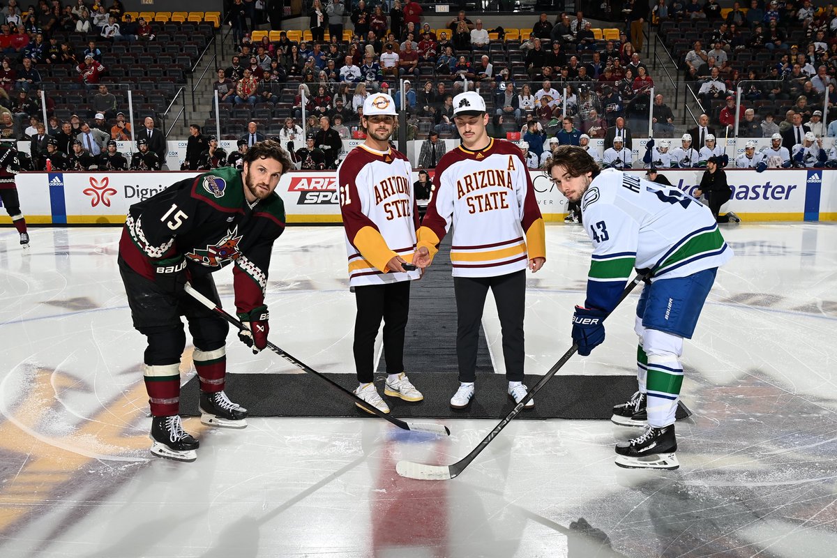 It’s a great night for hockey in Arizona. It included Lukas Sillinger and Ethan Szmagaj of @SunDevilHockey dropping the ceremonial faceoff before tonight’s game against Vancouver.