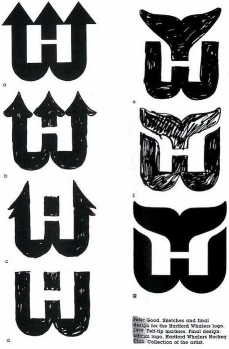 The late great Peter Good’s original sketches as he worked on his iconic Hartford Whalers logo.