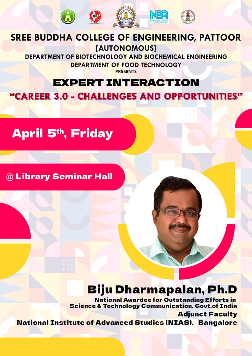 I shall be delivering a talk' Career3.0-Challenges and Opportunities' at Sree Budhha College of Engineering tomorrow.