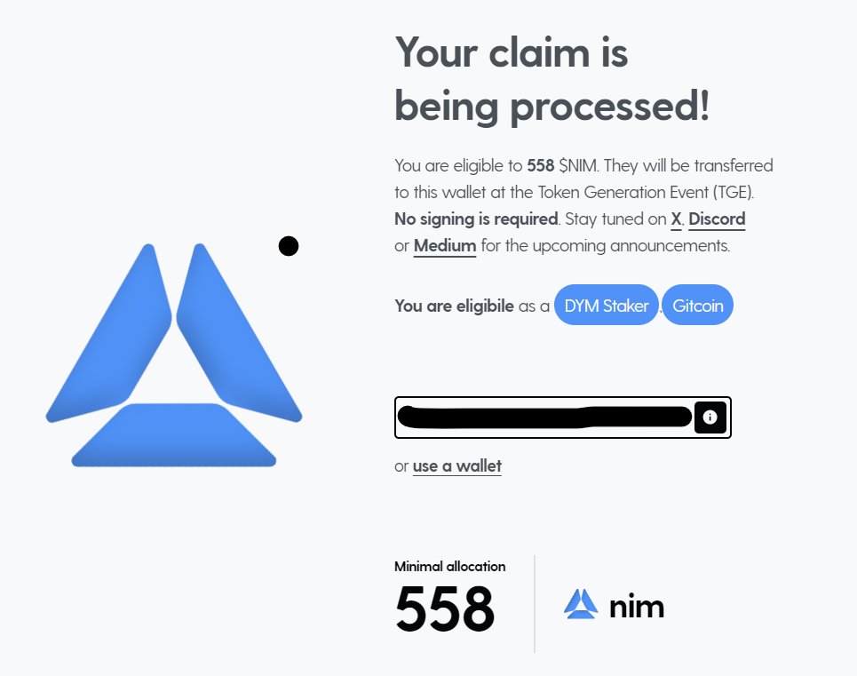 last 10 hours to claim your $NYM airdrop! No need to sign anything! Airdrop for @dymension stakers and @gitcoin contributors of select projects Claim here: claim.nim.network/claim