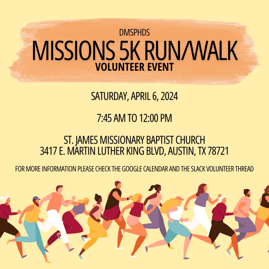 Hey guys!! Friendly reminder that this Saturday there is a volunteer opportunity at the Mission 5k/Health and Wellness Fair!