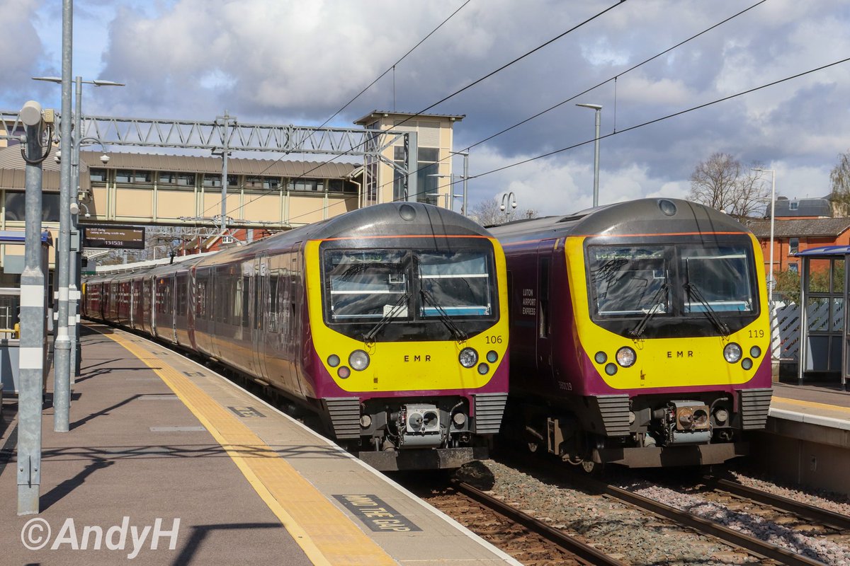 Double #ThreeSixtyThursday from Kettering on bank holiday Monday just gone. #EMR 360106 is heading to Corby with 1Y27 from London & 360119 is southbound working 1H32 from Corby to St.Pancras. #MML #LutonAirportExpress 1/4/24