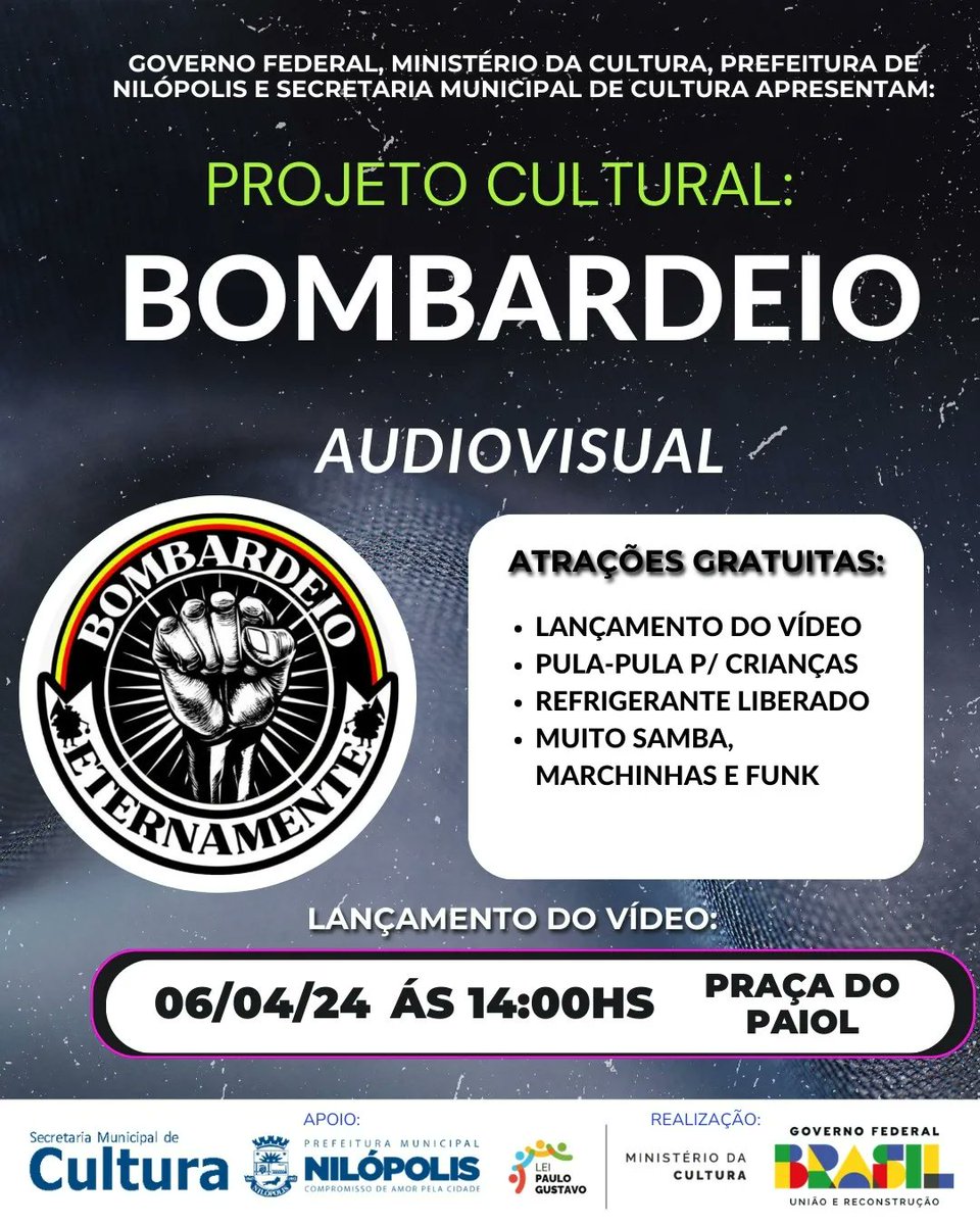 Bombardeiopaiol's tweet photo. Boa noite a todos!

Governo Federal, Ministério da Cultura, Prefeitura de Nilópolis e Secretaria Municipal de Cultura apresentam: "Projeto cultural - Bombardeio Audiovisual"

 Lançamento do Vídeo: Dia 06 de Abril de 2024 - 14:00 horas, Praça do Paiol, Nilópolis. https://t.co/ASe8TwRXAx