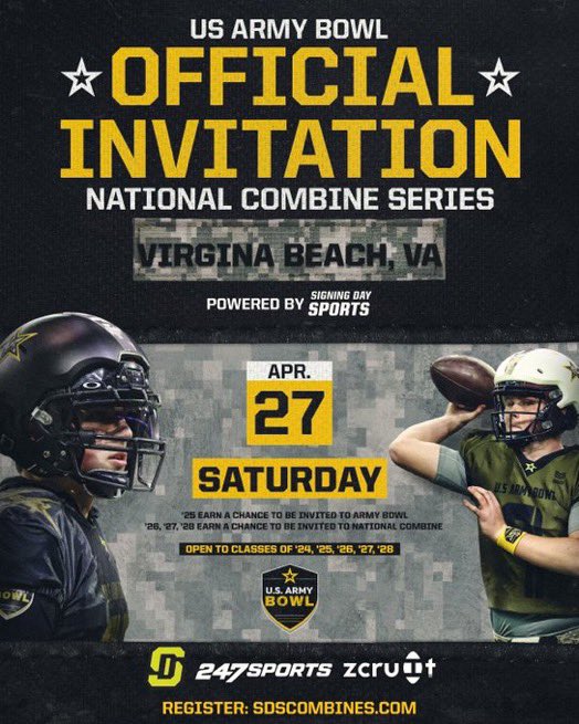 Extremely blessed and honored to be selected to invited to the U.S. Army Bowl National Combine Series‼️ I thank @CoachTylerFunk for the invite!! #agtg @CoachZachBev @CoachPsDavis @pepman704 @Dabigman41 @PrepRedzoneNC @CoachKLang @SDSports @USArmyBowl