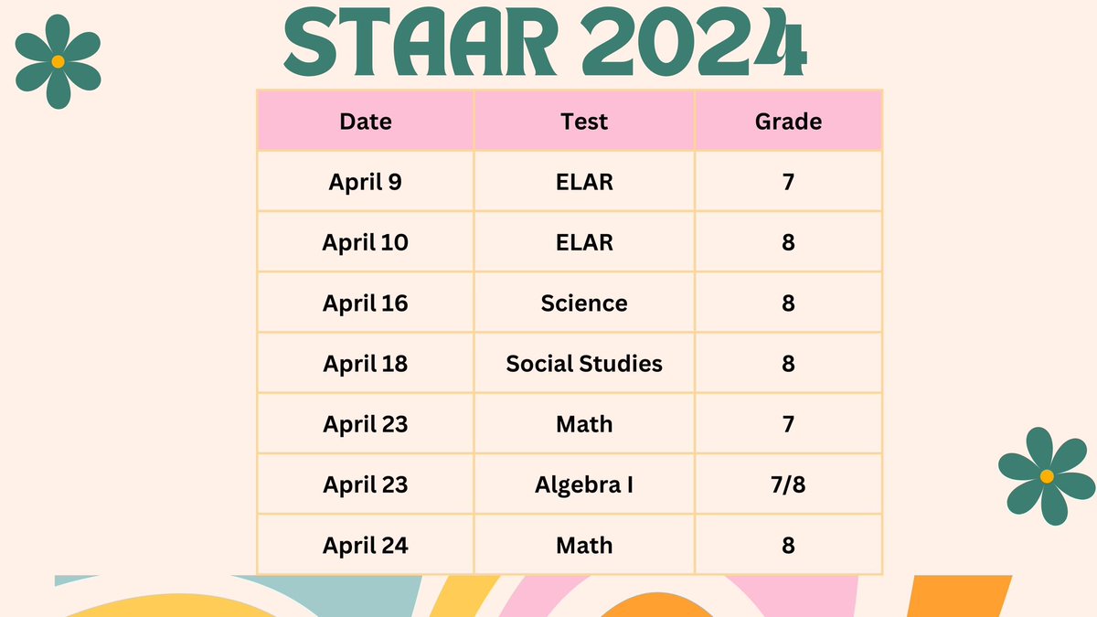 STAAR Testing season is upon us, Mustang Nation please be see our test dates below. Parents, please ensure that your child is present and prepared to be successful every day of testing. ❤️🤍🖤🐴