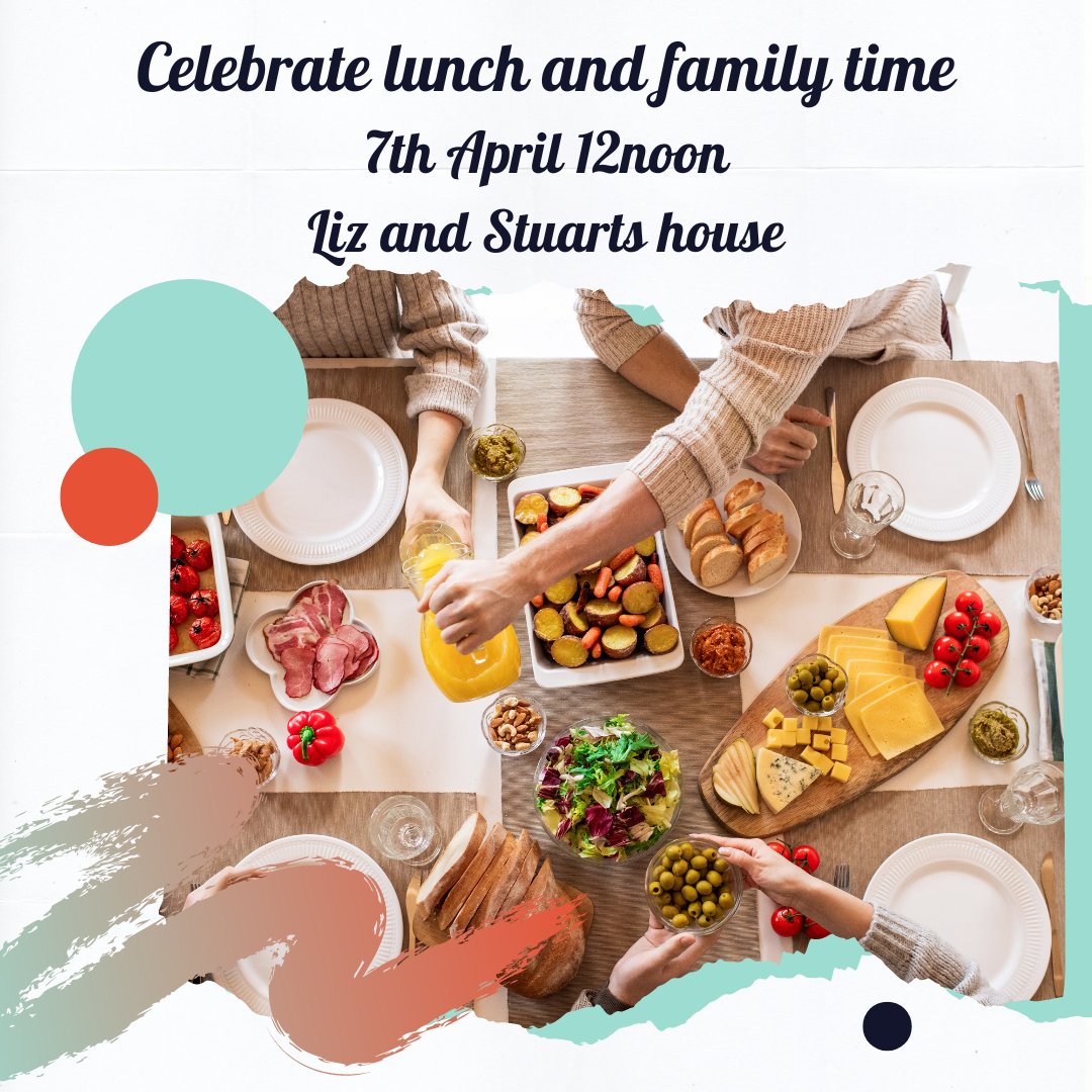 On Sunday 7th April from 12noon we are meeting at Liz and Stuarts house for lunch. Check out the google doc to sign up for food - message for link and address. We will eat lunch and then have some time for family news. #celebratelunch #celebratechurch