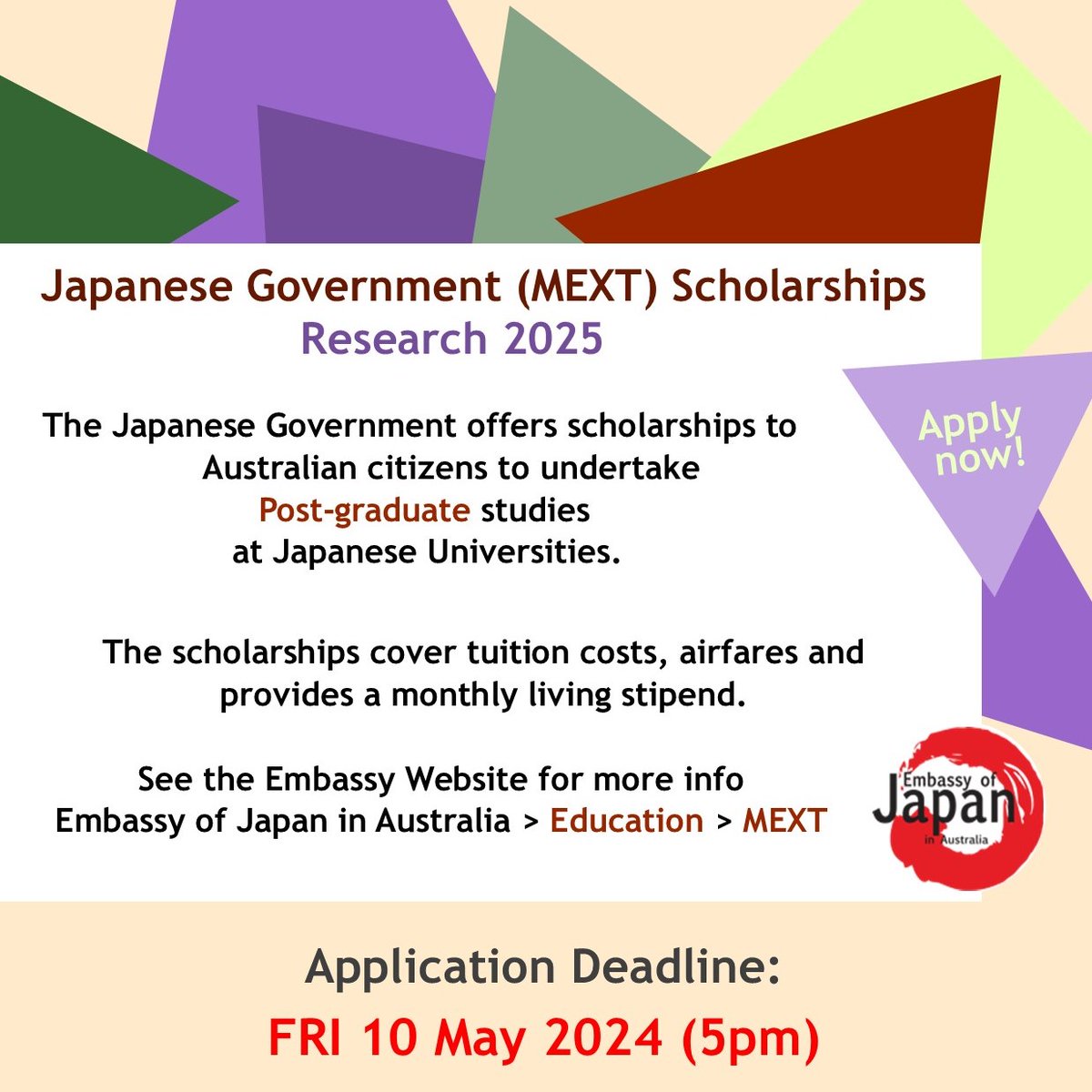 📣 Applications for the MEXT Scholarship Research Category are NOW OPEN! The Research Category is offered to Australian citizens looking to undergo graduate-level studies in Japan. Check out the Embassy of Japan homepage for full application details: bit.ly/2ruAl6I