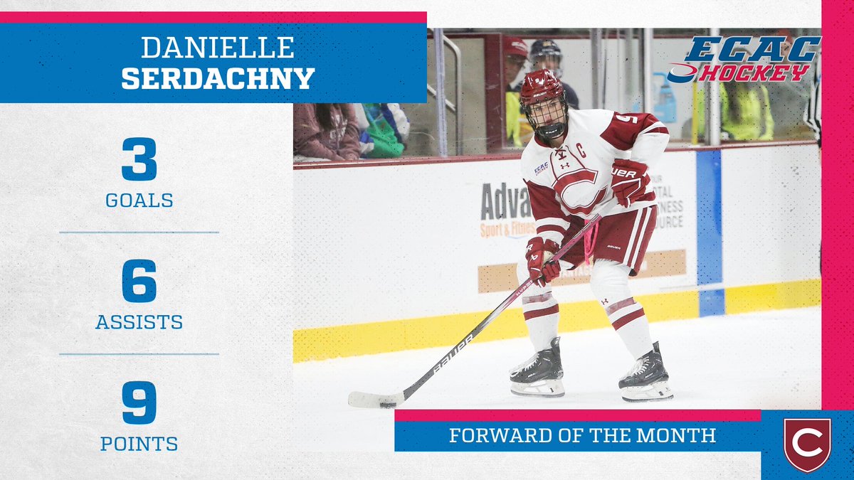 @dserdachny earns #ECACHockey Forward of the Month honors with an impressive offensive display for @ColgateWIH, notching three goals and six assists while securing an ECAC Championship title! #TheEducatedDecision