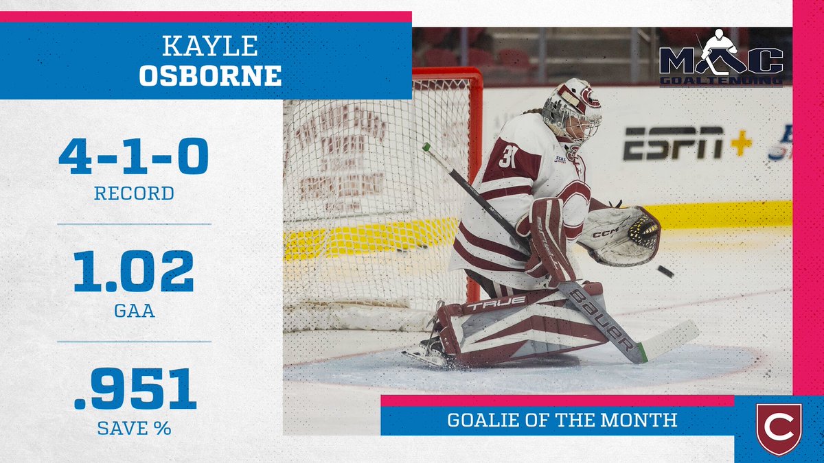 @kayle_osborne is honored as @MACGoaltending #ECACHockey Goaltender of the Month after posting a 4-1-0 record in the crease, leading @ColgateWIH to an ECAC Championship title and NCAA Frozen Four Berth! #TheEducatedDecision